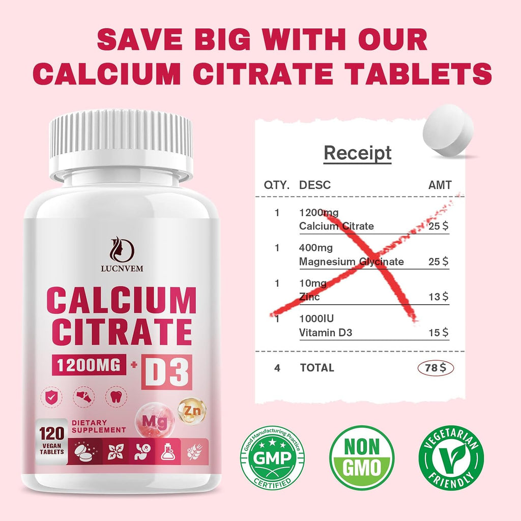 Calcium Citrate 1200 mg with Vitamin D3 Supplement for Women & Men, Calcium Magnesium Zinc D3 for Bone Muscle & Teeth Health - 120 Count - 60 Day Vegan Supply