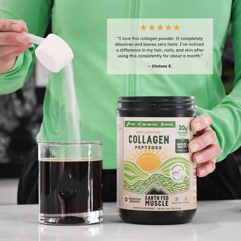 Earth Fed Muscle Collagen Peptides, Unflavored, 23 Servings | Third-Party Certified, 20g Protein, Grass Fed, Non-GMO, Hormone Free, Gluten Free, Multi-Type