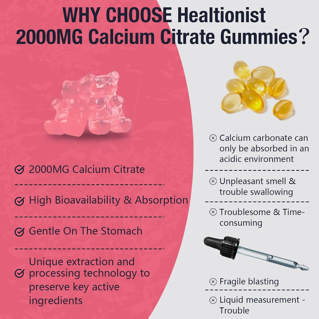 2 Packs 2000mg Calcium Citrate with Vitamin D3 K2 Supplements Gummies for Women & Men, Magnesium, Zinc, High Absorption, Bone, Muscle & Immune Support, 120 Counts Peach Flavor Gummies
