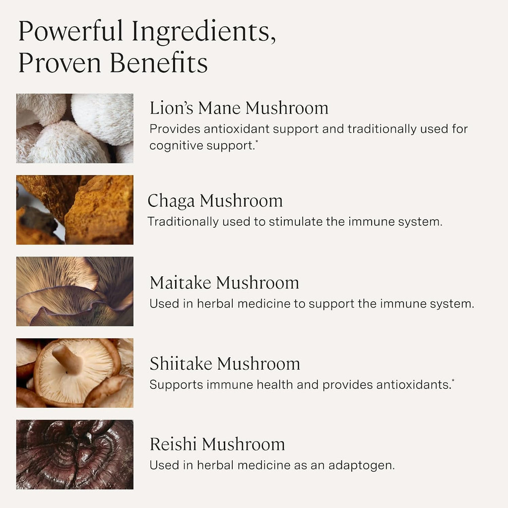 Stonehenge Health Dynamic Mushrooms 1,400 mg Per Serving, 5 Mushroom Complex (Lion’s Mane, Reishi, Chaga, Maitake, Shiitake) 100% Fruiting Bodies, No Mycelium – Brain, Memory & Immune Support 60 Caps