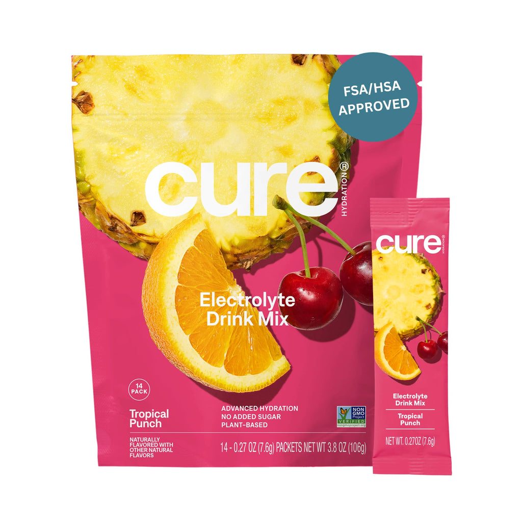 Cure Hydration | Plant-Based Electrolyte Drink Mix | No Added Sugar | FSA-HSA | Dehydration Relief Powder Made with Coconut Water | Non-GMO | Vegan | Pouch of 14 Packets - Tropical Punch