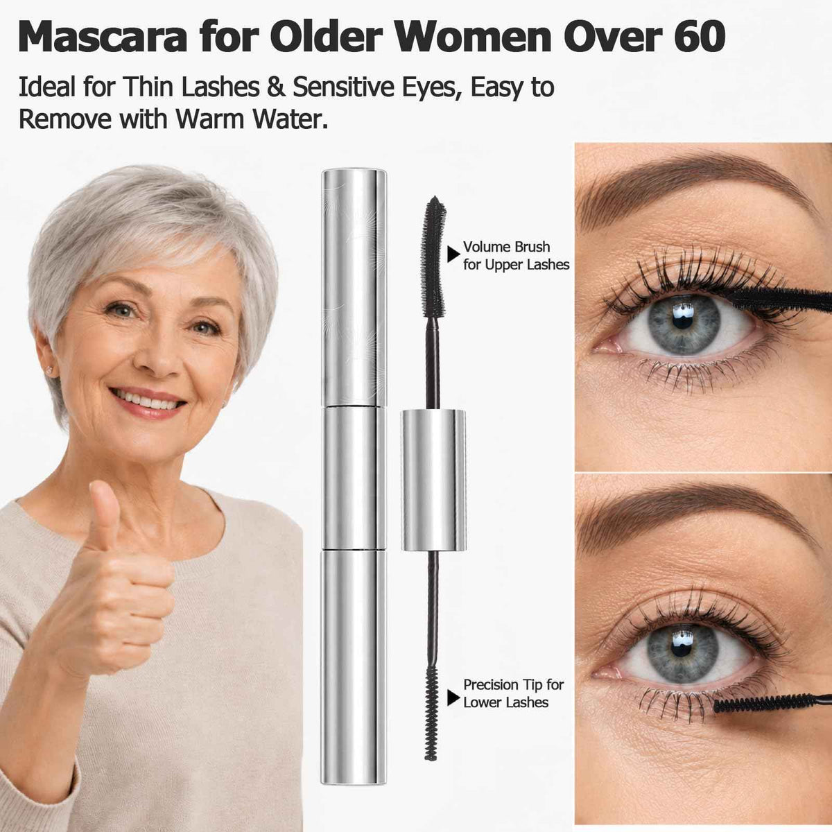 Tubing Mascara for Older Women 60 Plus, Double Ended Black Mascara, Lengthening Volumizing 2-in-1 Mascara for Short Multi-layered Lashes, Smudge Proof Easy Warm Water