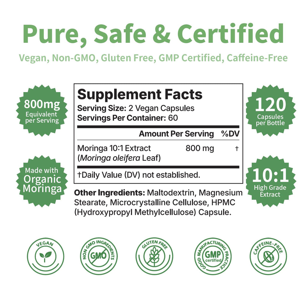 Moringa Capsules 800 mg Moringa 10:1 Extract – Vegan, Non-GMO, Gluten Free Superfood Supplement for Energy & Immune Health – 120 Capsules (1 Bottle)