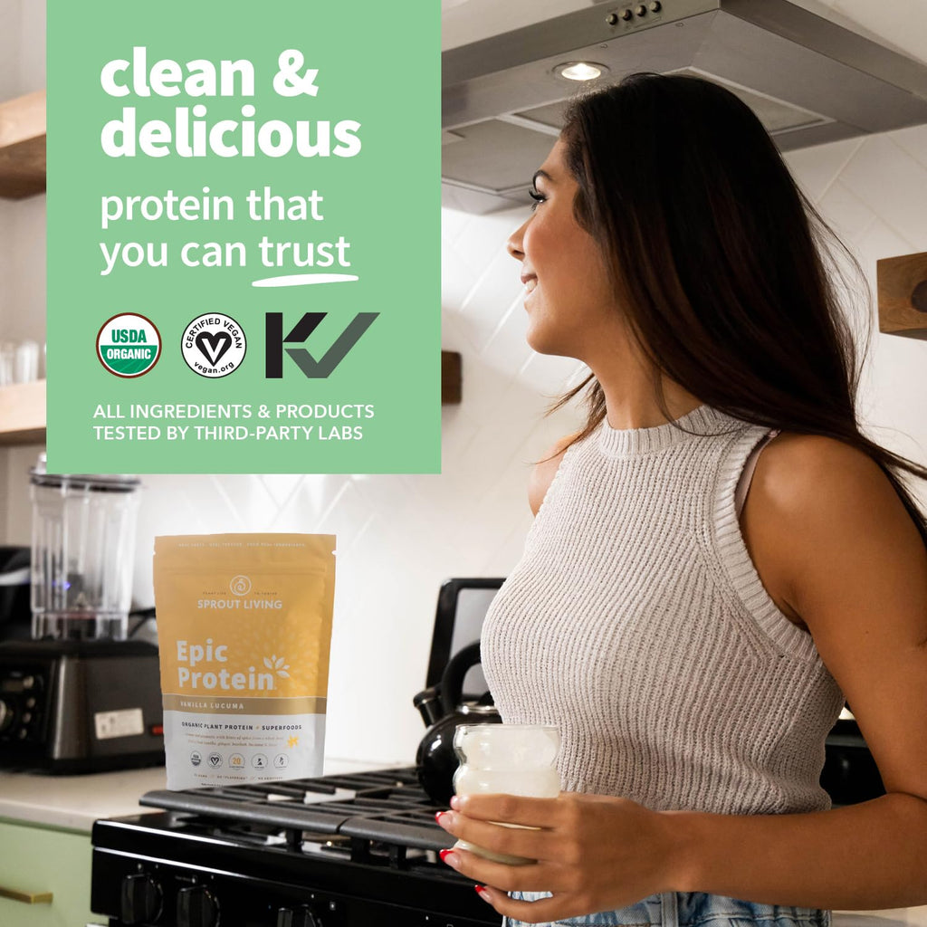 Sprout Living Epic Protein, Plant Based Protein & Superfoods Powder, Vanilla Lucuma Powder | 20 Grams Organic Protein Powder, Vegan, Non Dairy, Non-GMO, Gluten Free, Low Sugar (1 Pound, 12 Servings)