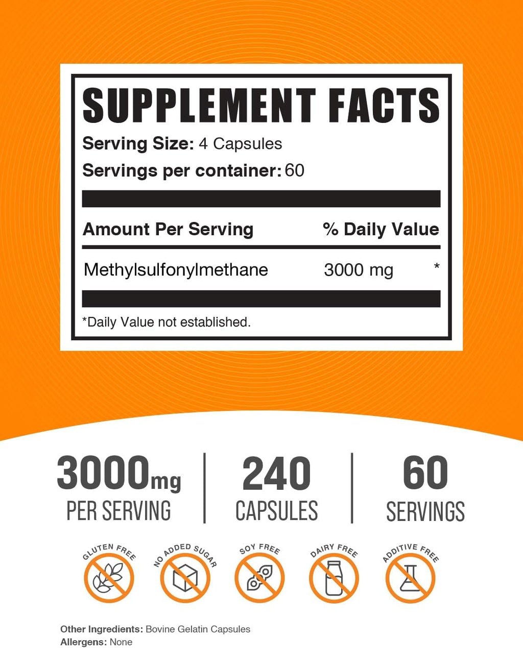 BulkSupplements.com MSM Capsules - Methylsulfonylmethane, MSM 3000mg - Joint Supplements, Gluten Free, 4 Capsules per Serving, 240 Count (Pack of 1)