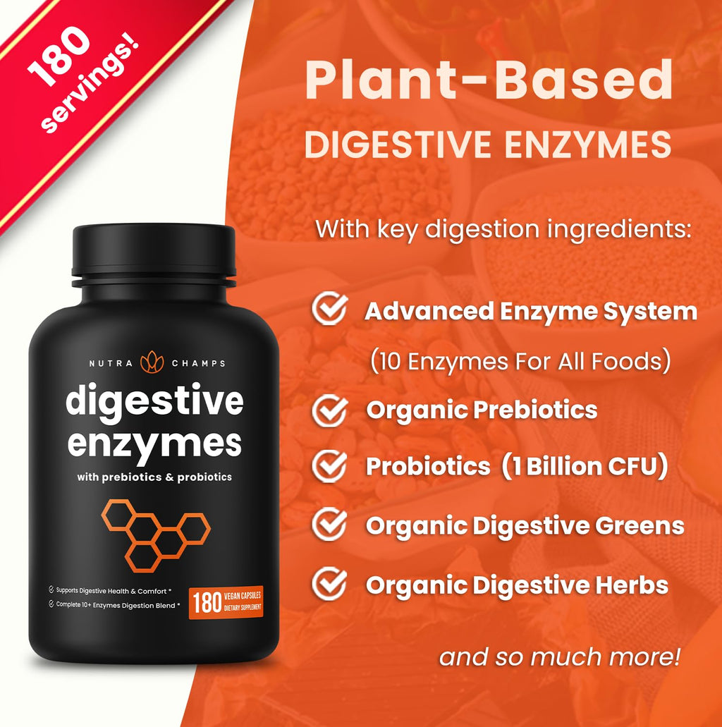 NutraChamps Digestive Enzymes with Probiotics and Prebiotics for Women & Men - 180 Vegan Capsules with Bromelain for Bloating & Optimal Gut Health