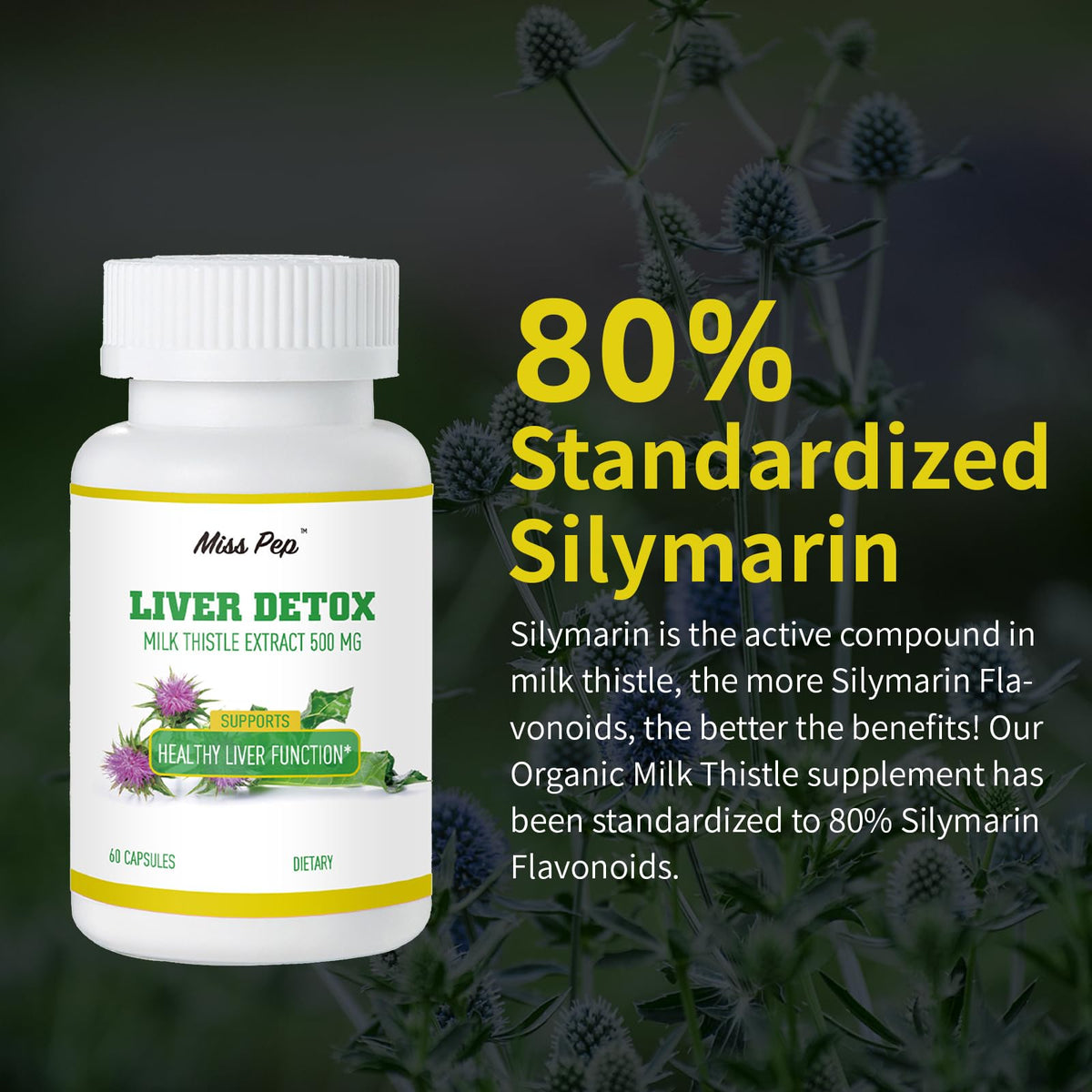 Milk Thistle,500 Mg Milk Thistle Supplement Per Capsule,Liver Health Support,Vegan and Non-GMO, 60 Capsules(1 Bottle)