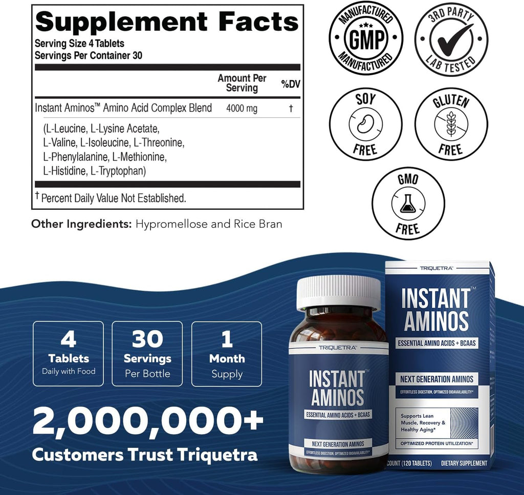 Instant Aminos Tablets - EAA+BCAA - 10 Essential Amino Acids Supplement - Rapid Absorption, No Digestion Required - Supports Lean Muscle, Recovery & Aging - 321% DIAAS Protein Score (1 month supply)