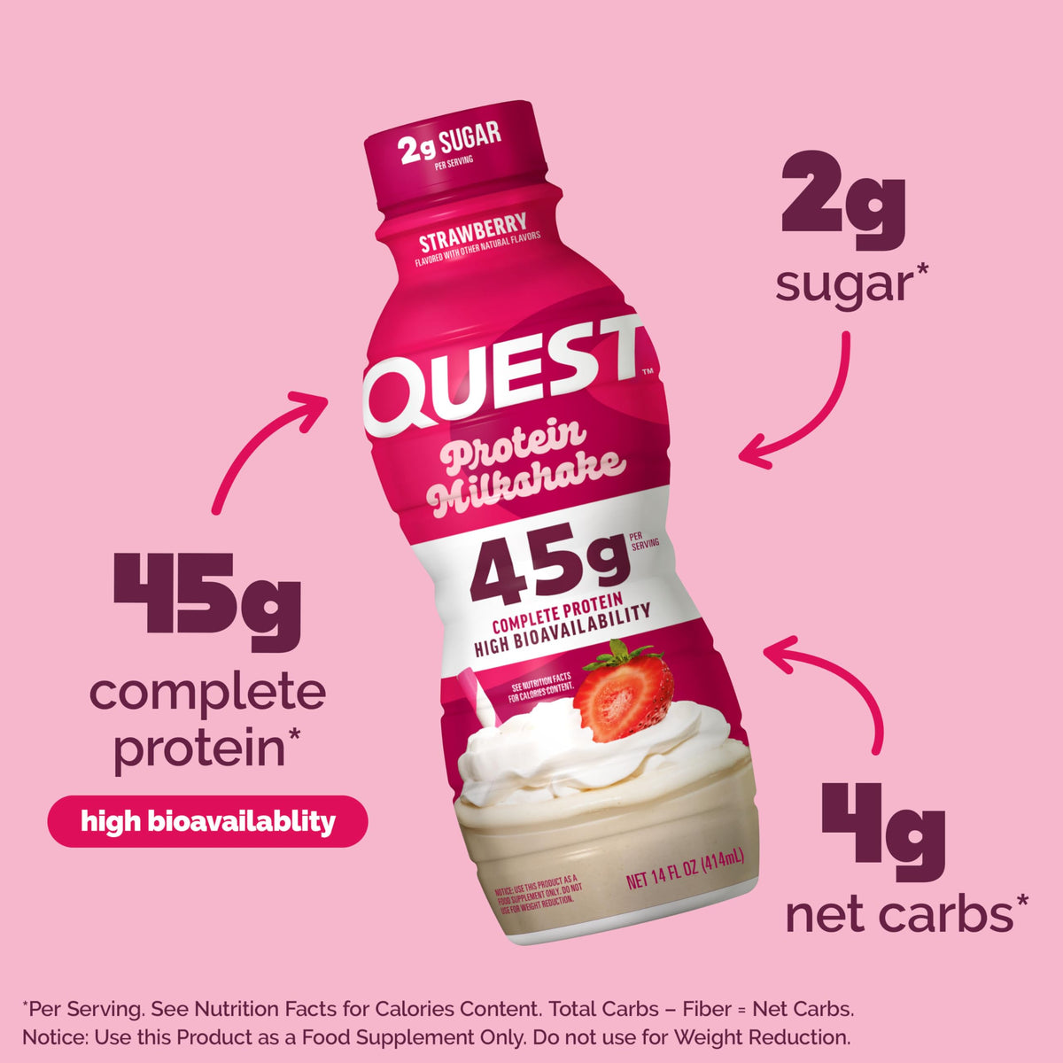 Quest Nutrition Strawberry Protein Shake, 45g Protein, 2g Sugar, 4g Net Carbs, Ready to Drink, Gluten Free, 4 Count