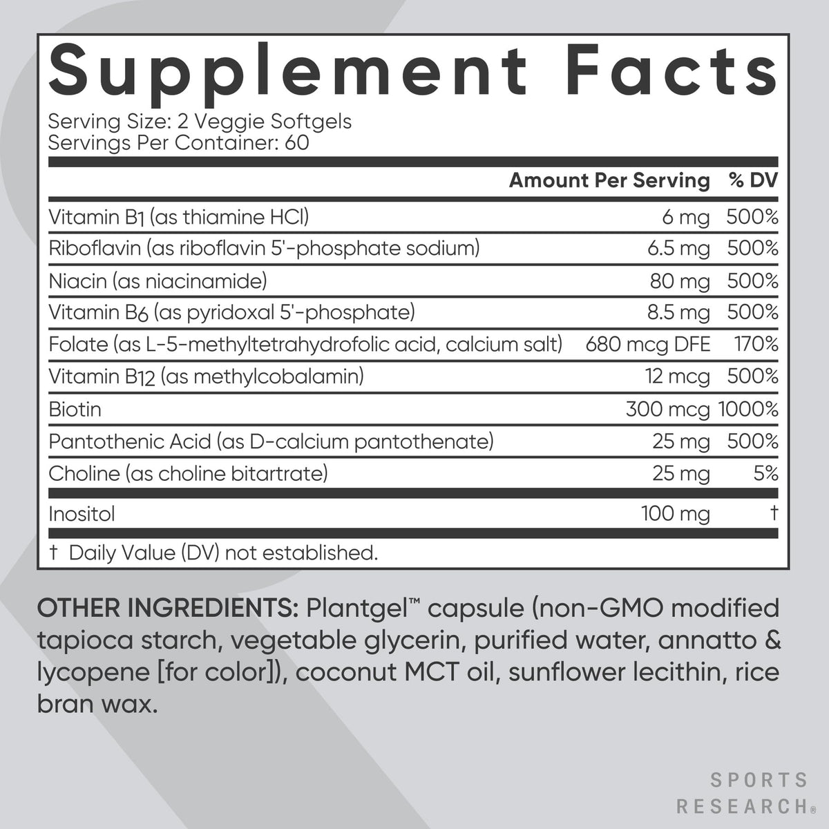 Sports Research® Vitamin B-Complex - Full Spectrum of B Vitamins with Methylated B12 & Folate - Gluten Free · Plant-Based · Non-GMO · Vegan-Friendly Formula - 120 Veggie Softgels