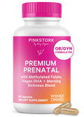 Pink Stork Premium Prenatal Vitamins for Women, 60 Count | No Fishy Burps, Methylated Folate, Choline, Vegan Algae DHA, Iron, Doctor-Formulated, Organic Whole-Foods, Probiotic
