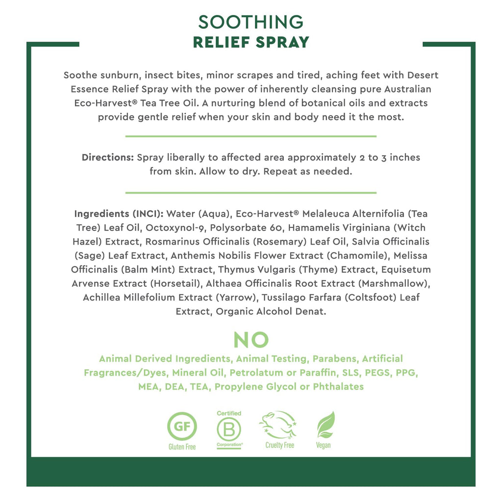 Desert Essence Relief Spray - 4 Fl Oz - Antiseptic Eco-Harvest Tea Tree Oil & Other Essential Oils - Natural First Aid - Minor Burns - Sunburn - Insect Bites - Scrapes - May Comfort Aching Feet