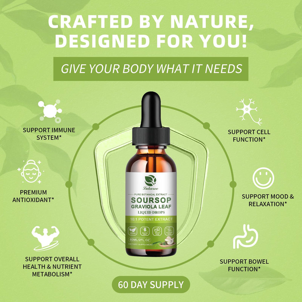 Lukaree Pure Soursop Graviola Leaves Extract - Immune Energy & Gut Support | Soursop Bitters Liquid Drop for Cell Support & Regeneration – Cold Extract with High Potency– Vegan | Gluten-Free | 2 Fl Oz