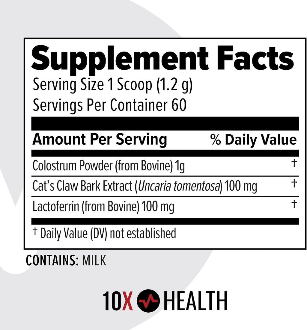 10X Health Bovine Colostrum Powder - 60 Servings | Gut Health Supplement: Organic, with Cat's Claw & Lactoferrin, Easy-Mix, 60 Servings