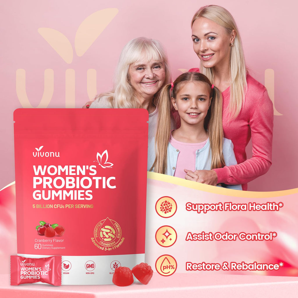 VivoNu Viginal Probiotics for Women, Women Probiotic Gummies, Feminine Balance Gummies, Prebiotic Gummy, Cranberry Probiotics for Woman Vaginigal Health, Yeast Ph Balance| 60 Gummies