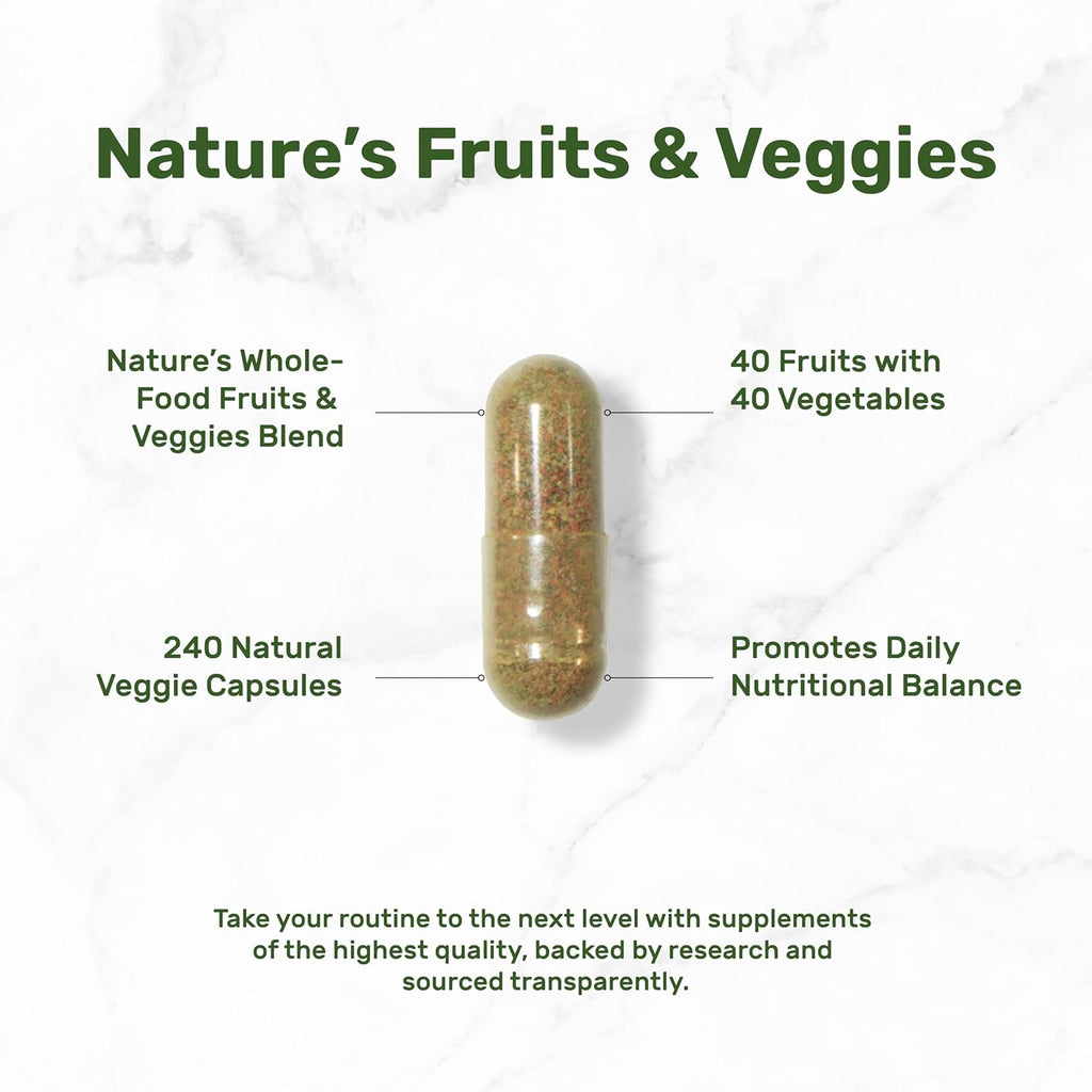 Nature’s Fruits & Veggies Supplement, 240 Veggie Capsules – 80 Whole Food Superfoods for Daily Balance – 40 Fruits with 40 Vegetables and Greens – Non-GMO, Gluten Free