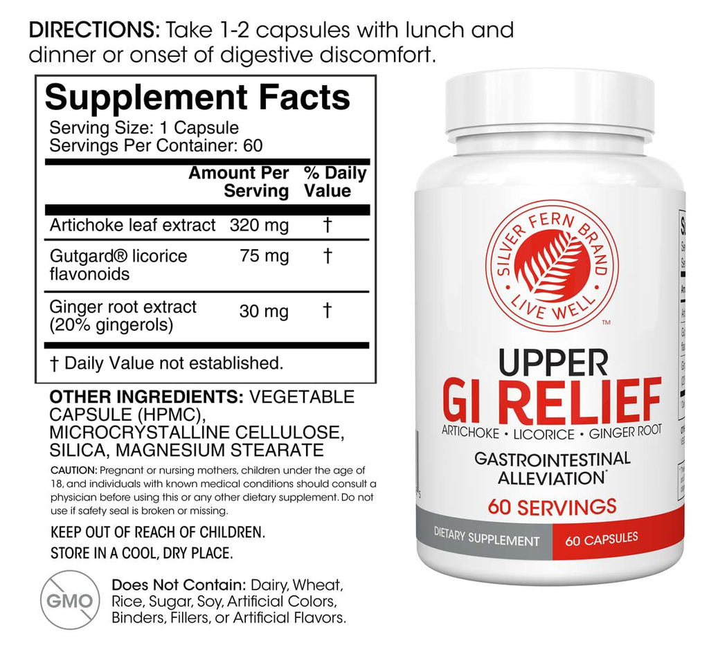 Silver Fern GI Relief - Natural Herbal Supplement 1 Bottle - 60 Capsules | 30-Day Supply All Natural With Artichoke Leaf Extract, Ginger Root Extract, and GutGuard Licorice Flavonoids.