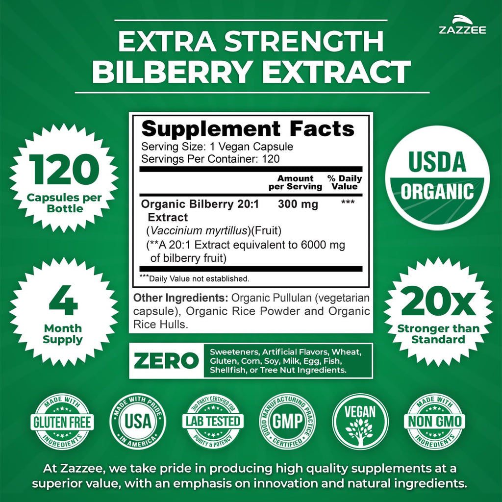 Zazzee USDA Organic Bilberry 20:1 Extract, 120 Vegan Capsules, 4 Month Supply, Vaccinium Myrtillus, Eye Health, Vision & Antioxidant Support, All-Natural, Non-GMO, Made in the USA