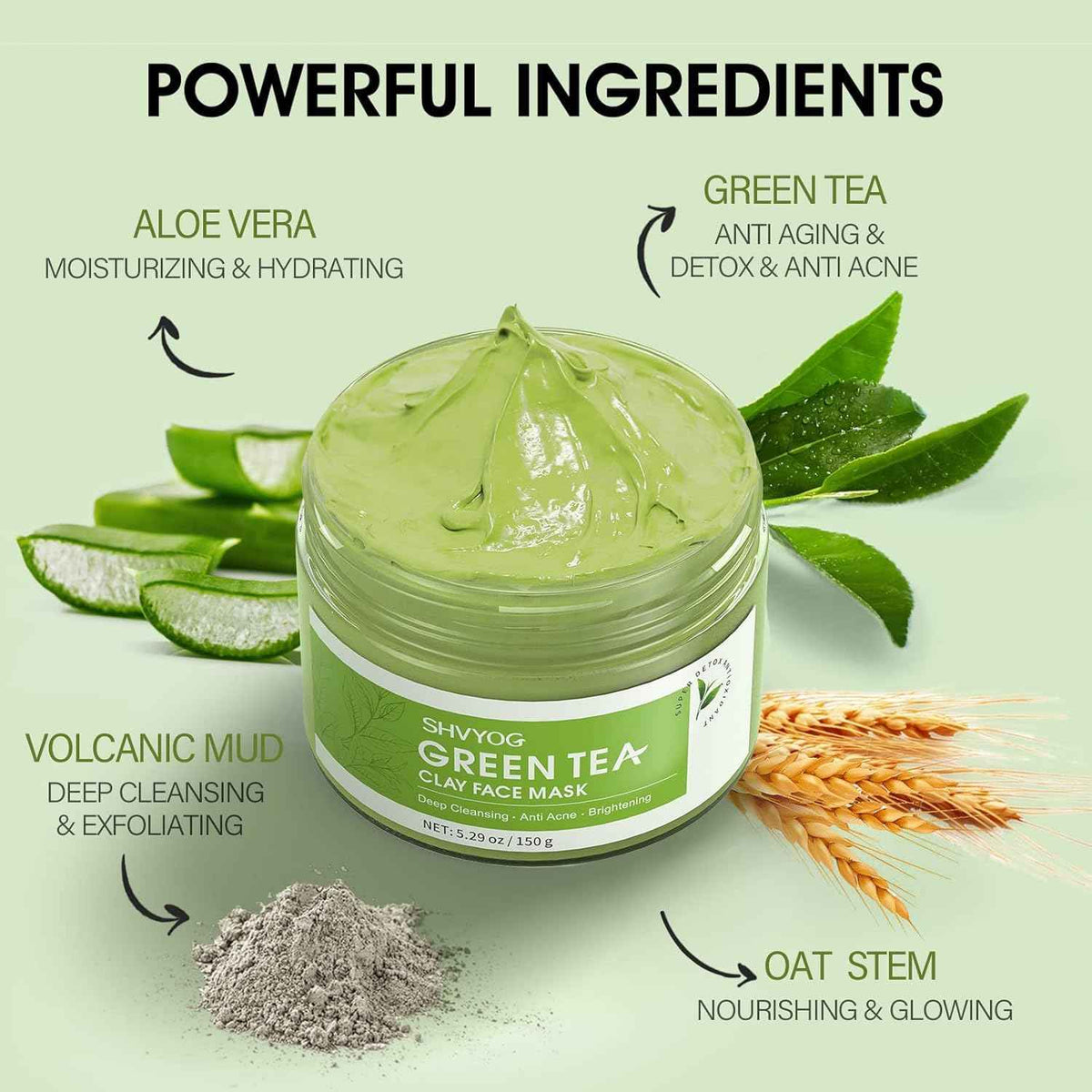 SHVYOG Green Tea Face Mask, Antioxidant Green Tea Clay Mask with Volcanic Mud, Deep Cleansing & Moisturizing & Hydrating Clay Facial Mask
