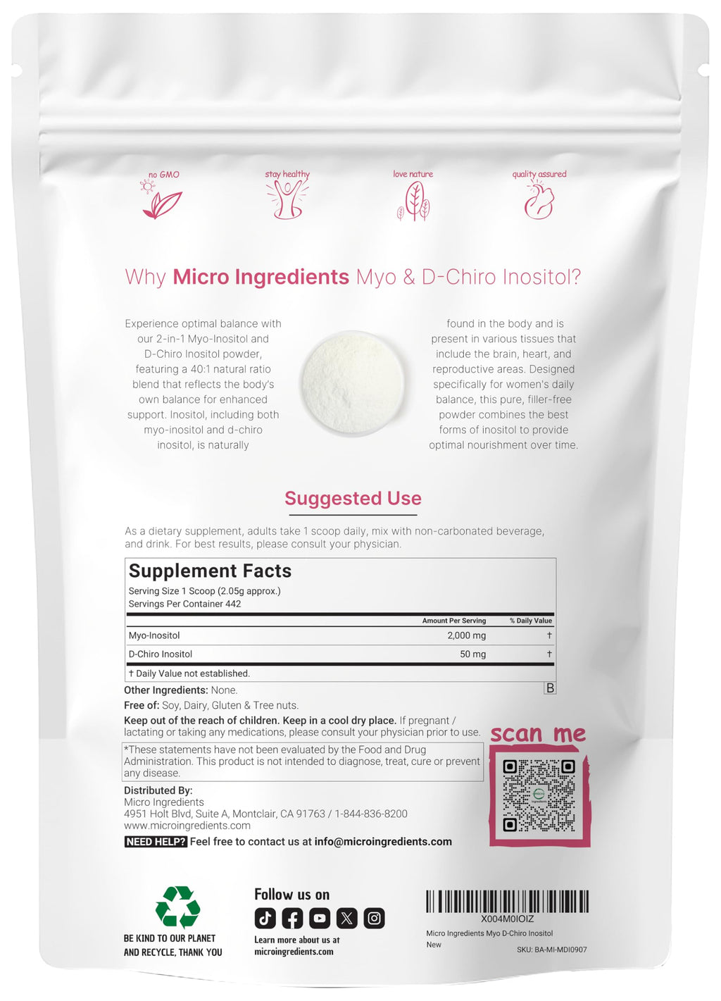 Micro Ingredients Myo-Inositol & D-Chiro Inositol Powder 1lb, 221 Servings | 40:1 Ideal Ratio Inositol Supplement for Women* | Support Hormonal Balance & Ovarian Health* | Non-GMO, Vegan, Filler-Free