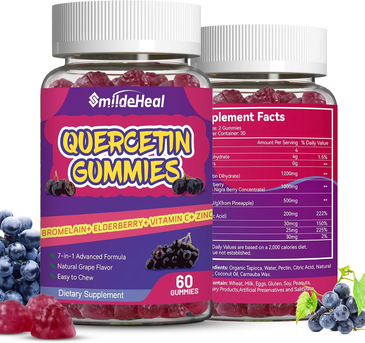 2 Pack Quercetin Gummies 1200MG, Quercetin Gummies with Bromelain, Zinc Vitamin C, Immune System Vegan Gummy for Adult & Kid, 120 Vegan