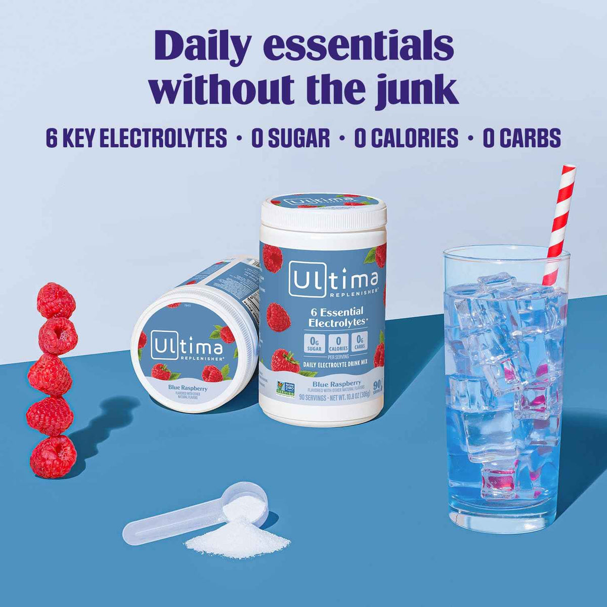 Ultima Replenisher Daily Electrolyte Powder Drink Mix – Sugar Free – Blue Raspberry, 90 Servings – Hydration Powder with 6 Electrolytes and Minerals