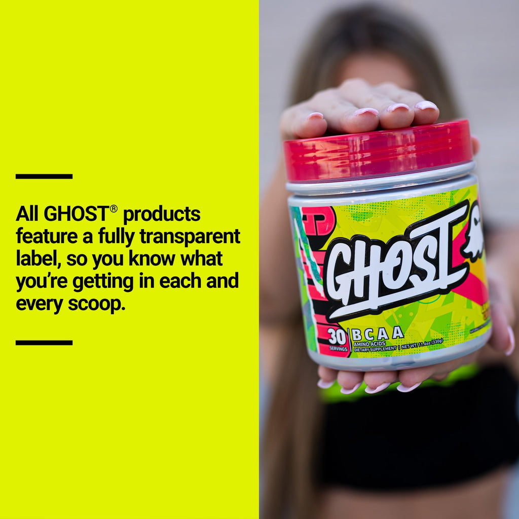 GHOST BCAA Powder Amino Acids Supplement, Sour Strips - 30 Servings - Sugar-Free Intra, Post & Pre Workout Amino Powder & Recovery Drink, 7G BCAA
