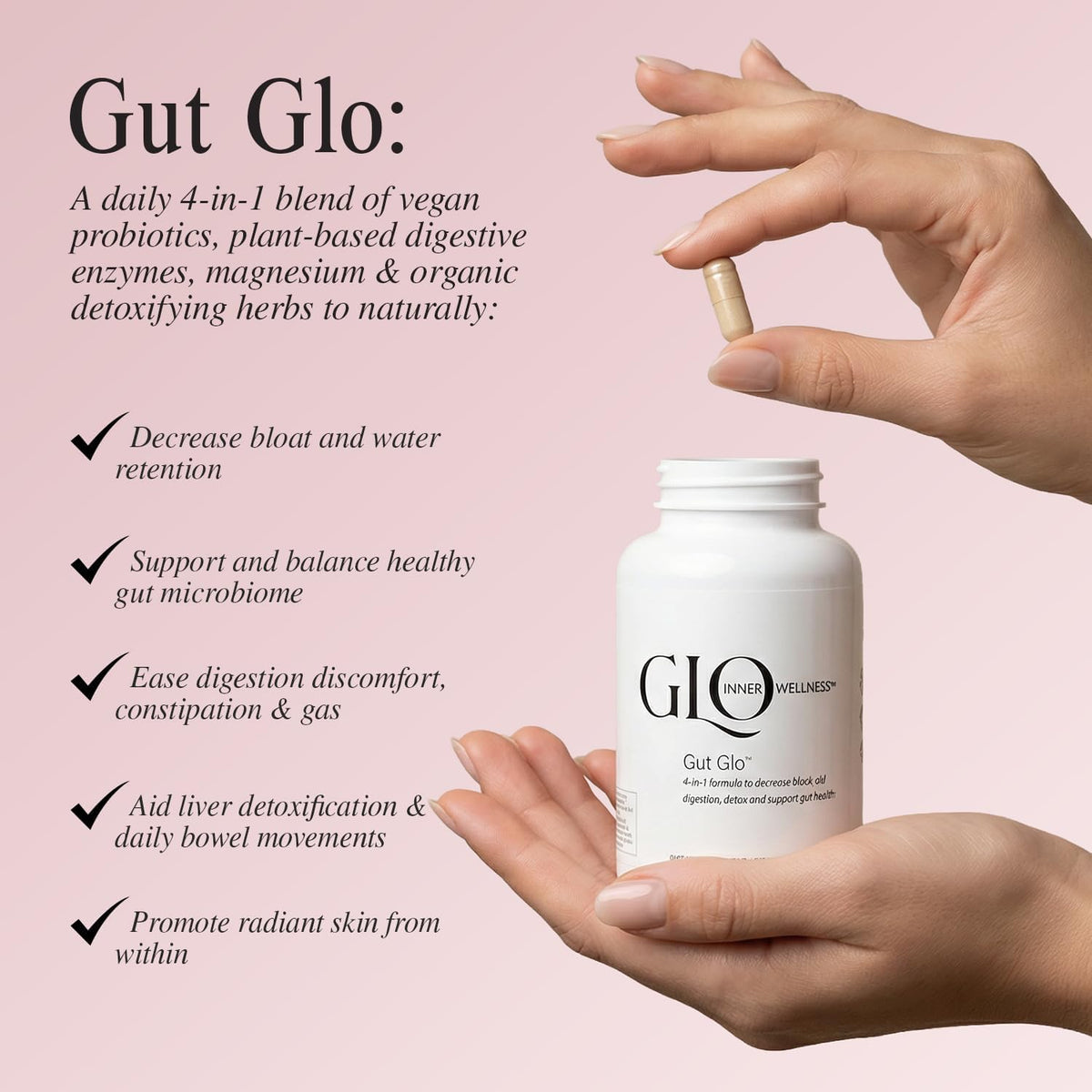 Gut Glo 4-in-1 Probiotic (16 Billion CFU) Gut Health Supplement, Digestive Enzymes, Magnesium & Organic Herbs – Ginger, Peppermint for Bloating & Constipation Relief – Vegan – 120 Capsules
