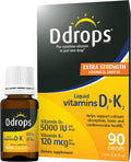 Ddrops Extra Strength 5000 IU Vitamin D3 + K2 90 Drops - Liquid Vitamin D3 & K2 (MK7) Supplement. Supporting Strong Bones, Immune System and Cardiovascular Health.
