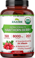 Zazzee USDA Organic Hawthorn Berry 20:1 Extract, 2% Vitexin, 150 Capsules | 5 Month Supply, Vegan, Crataegus Pinnatifida, Antioxidant & Circulation Support, Herbal Supplement, Non-GMO, Made in the USA