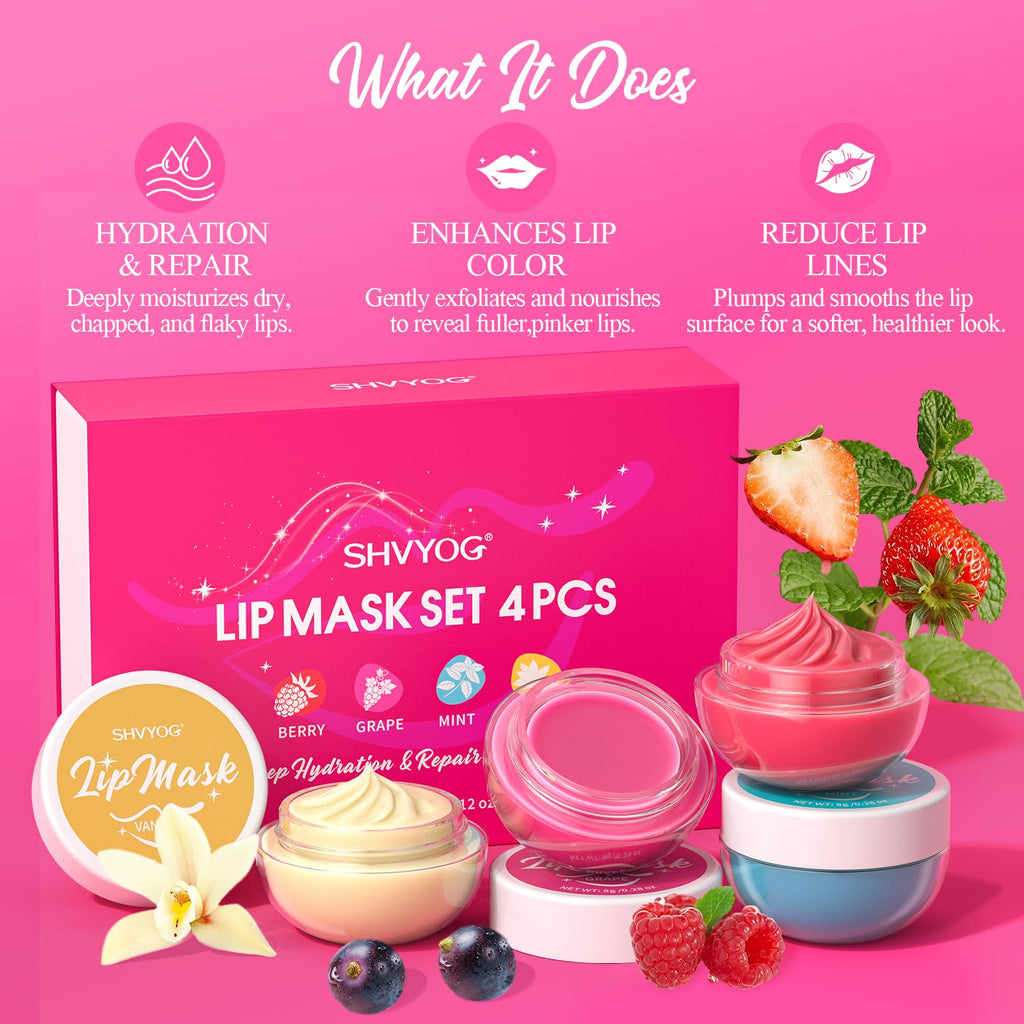 4 Pack Lip Mask Set, Hydrating Lip Mask Overnight - Berry, Grape, Mint, Vanilla Flavors, Lip Sleeping Mask Nourish Lip Balm with Vitamin C & Shea Butter | Dry Lips Care Gift SHVYOGBuy Supplements Australia