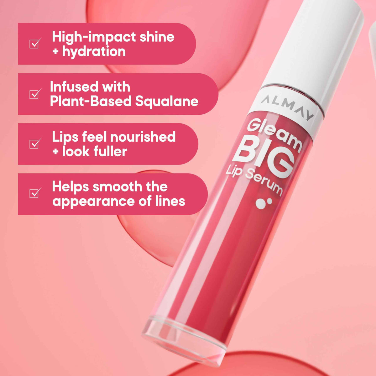 Almay Gleam Big™ Lip Serum, Hydrating and Moisturizing, Hypoallergenic Lip Gloss, Non-Sticky, 100 Positively Pink, 0.13 fl oz