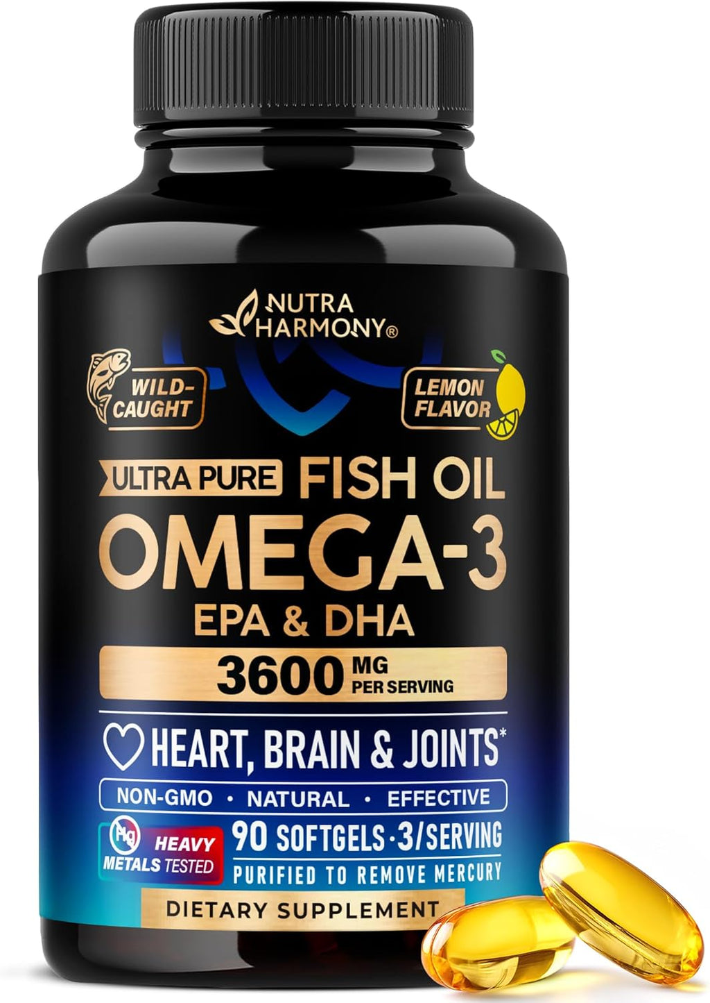 Omega 3 Fish Oil 3600 mg - Omega 3 Supplement | EPA & DHA - Heavy Metals Tested - Heart, Brain & Joint Support - Purified Fish Oil for Men & Women - Lab Tested - Lemon Flavored - 90 Softgels