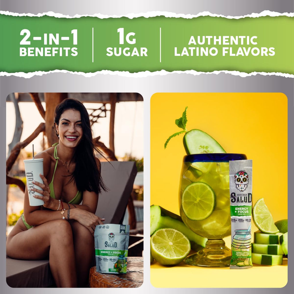 Salud 2-in-1 Energy + Focus Drink Mix, Hibiscus | Organic Caffeine, B6 + B12, Theanine, Clean Energy Packets, Agua Fresca Mix, Non-GMO, Gluten Free, 1g of Sugar (15 Servings)