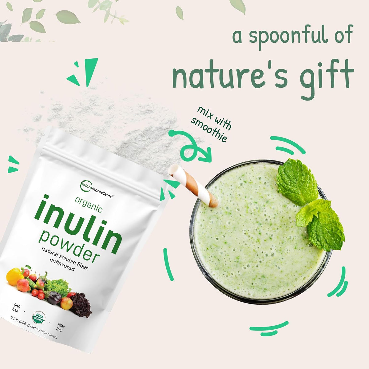Micro Ingredients Organic Inulin FOS Fiber Powder, 2.2 lbs | Quick Water-Soluble Prebiotic | Natural Fiber for Smoothies & Drinks | Vegan Friendly, Dissolves Clear