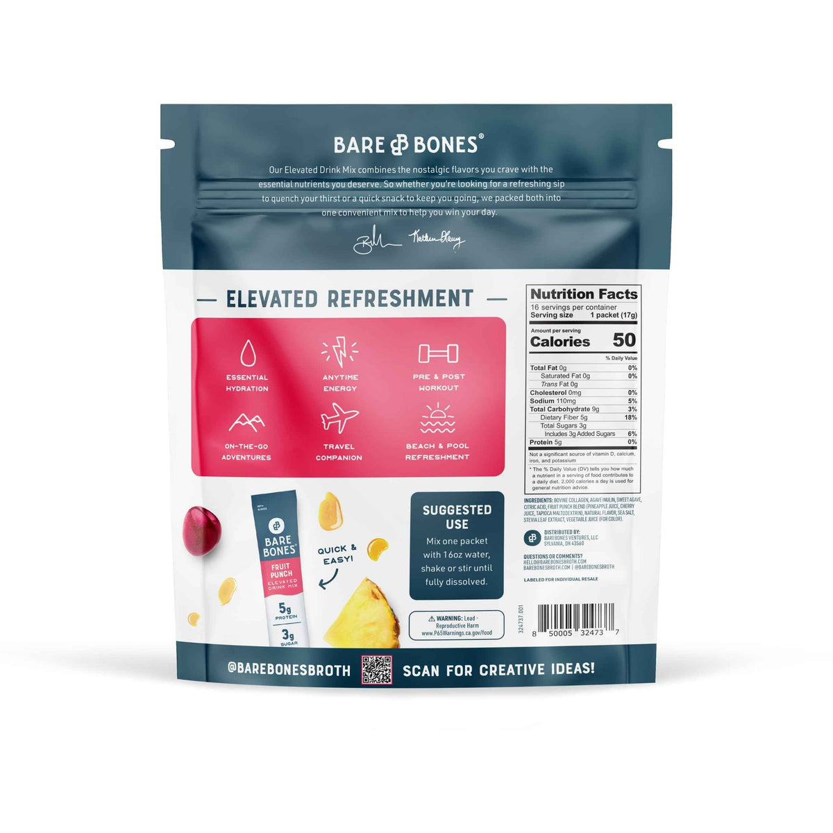 Bare Bones Fruit Punch Fruit Collagen Peptides Powder Drink Mix Packets | 5g Protein | Naturally Sweetened | Light & Flavorful | Gluten-Free On-the-Go Stick