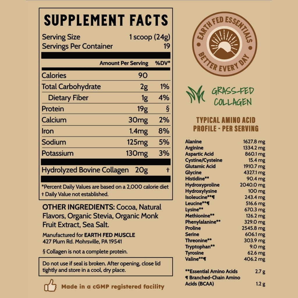 Earth Fed Muscle Collagen Peptides, Unflavored, 23 Servings | Third-Party Certified, 20g Protein, Grass Fed, Non-GMO, Hormone Free, Gluten Free, Multi-Type