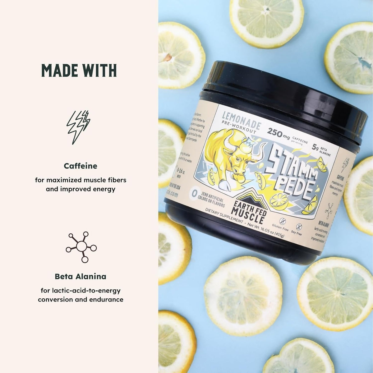 Earth Fed Muscle Stammpede Lemonade Pre Workout, Third-Party Certified. 250mg Caffeine, Lemonade - 5g Beta Alanine, Citrulline Malate, Taurine - Soy Free, Gluten Free - 16 oz, 26 Servings | Third-Party Certified, 250mg Caffeine, 5g Beta Alanine, Citrullin