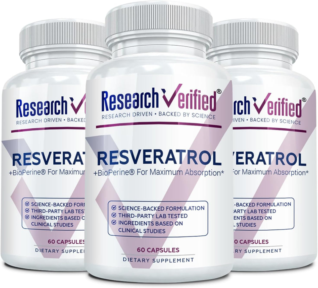 Research Verified Resveratrol - 98% Trans-Resveratrol 1000 mg, Anti-Aging Support - 60 Capsules per Bottle - 3 Bottles