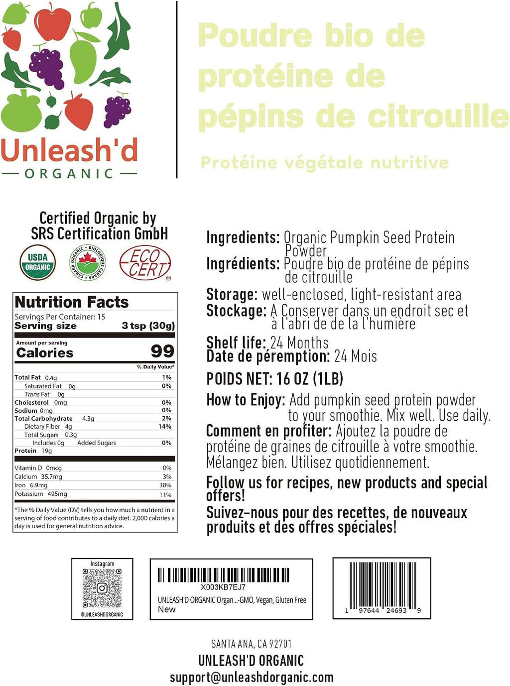 Unleash’d Organic Pumpkin Seed Protein Powder 16oz – Vegan, Non-GMO, Plant-Based Protein, No Artificial Sweeteners, Supports Immune Health