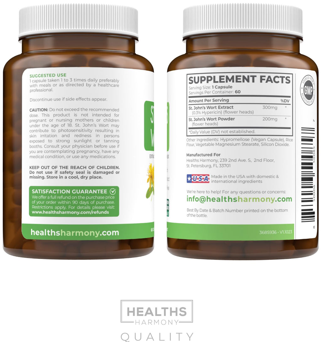 St John's Wort Capsules - Powerful & Potent Saint John's Wort Extract & Whole Herb Complex Standardized to 900mcg Hypericin for Balancing Daily Mood Support - Vegan Non-GMO & Lab Verified (120 Caps)