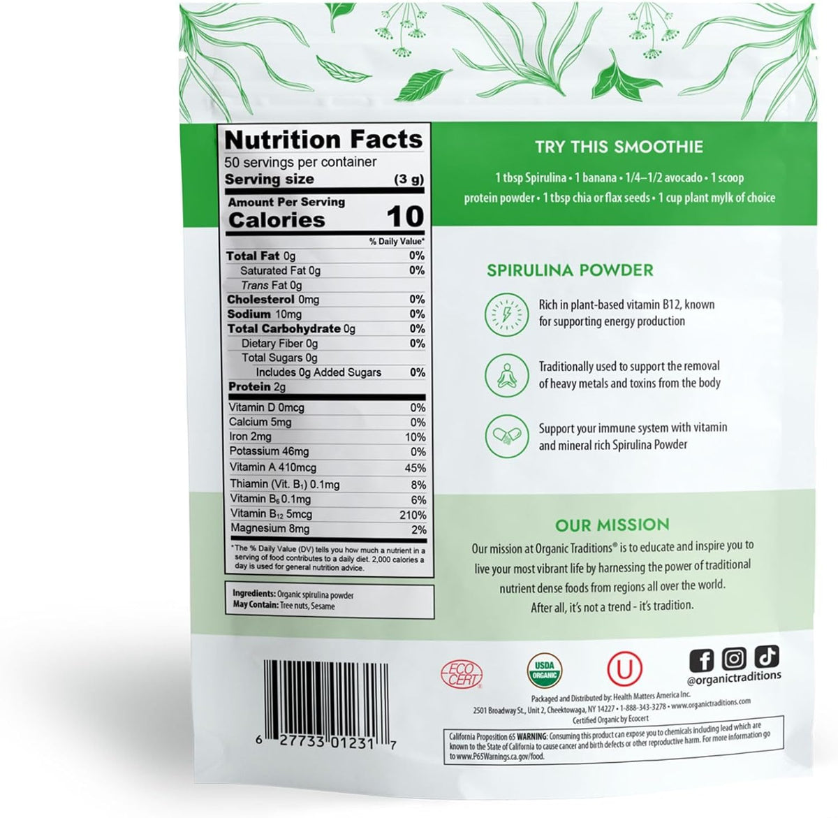Organic Spirulina & Chlorella Superfood Powder, Vegan, Non-GMO