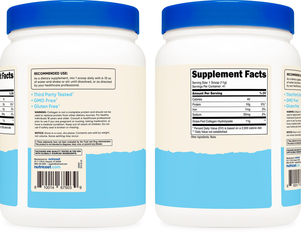 Nutricost Collagen Peptides Powder 1LB (454 G) - Grass Fed Bovine Collagen Hydrolysate (Unflavored)