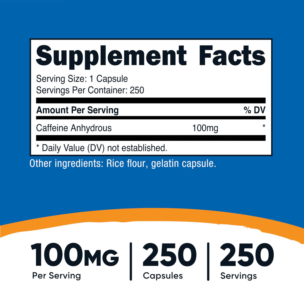 Nutricost Caffeine Pills 100mg Per Serving, 250 Capsules