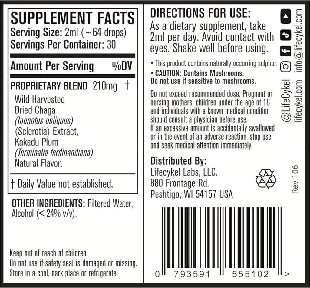 Life Cykel - Chaga Mushroom Extract with Kakadu Plum - Double Extracted Mushroom Tincture - Non-GMO Immune Support Supplement for Adults and Kids - 1 Fl Oz
