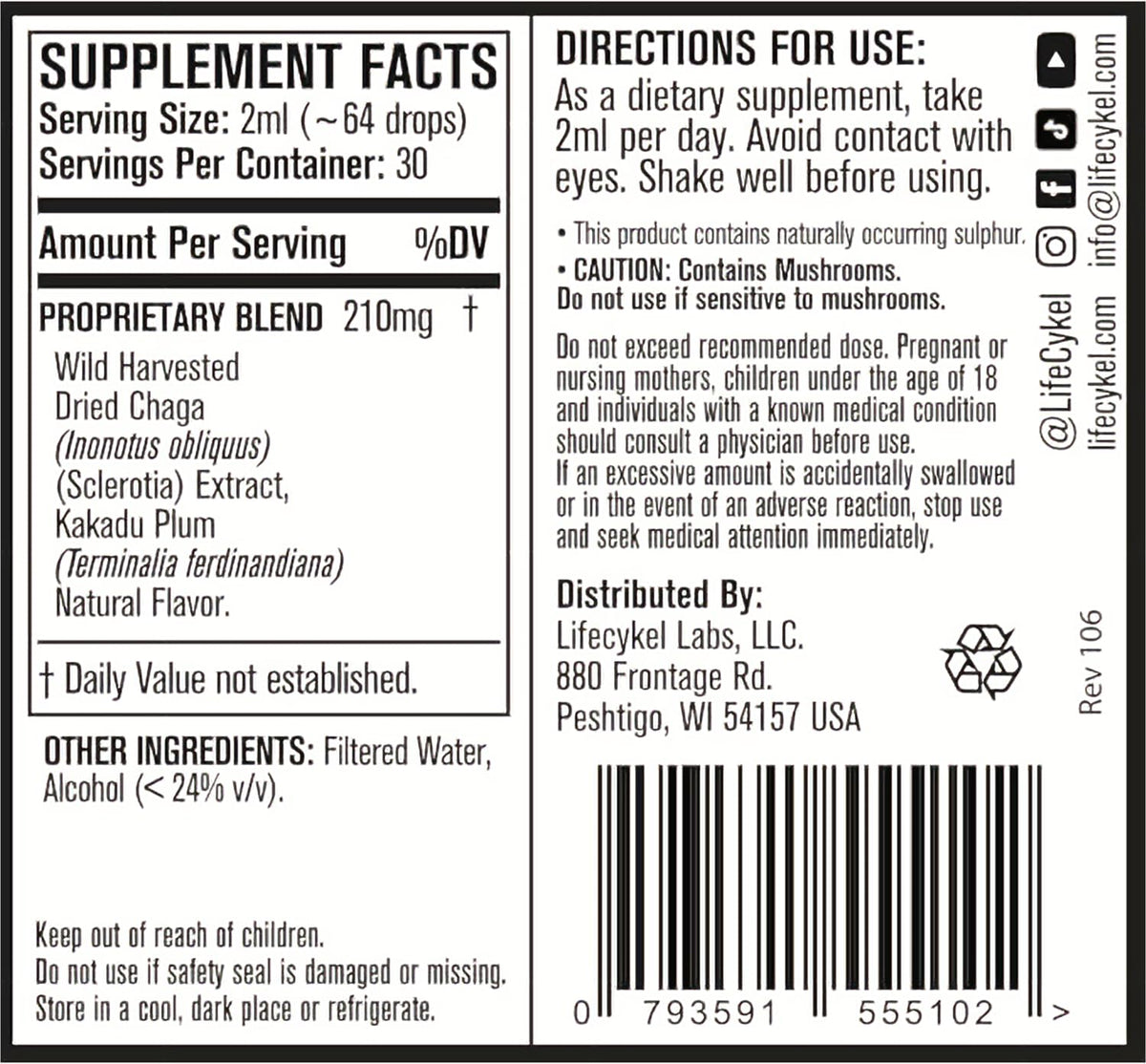 Life Cykel - Chaga Mushroom Extract with Kakadu Plum - Double Extracted Mushroom Tincture - Non-GMO Immune Support Supplement for Adults and Kids - 1 Fl Oz