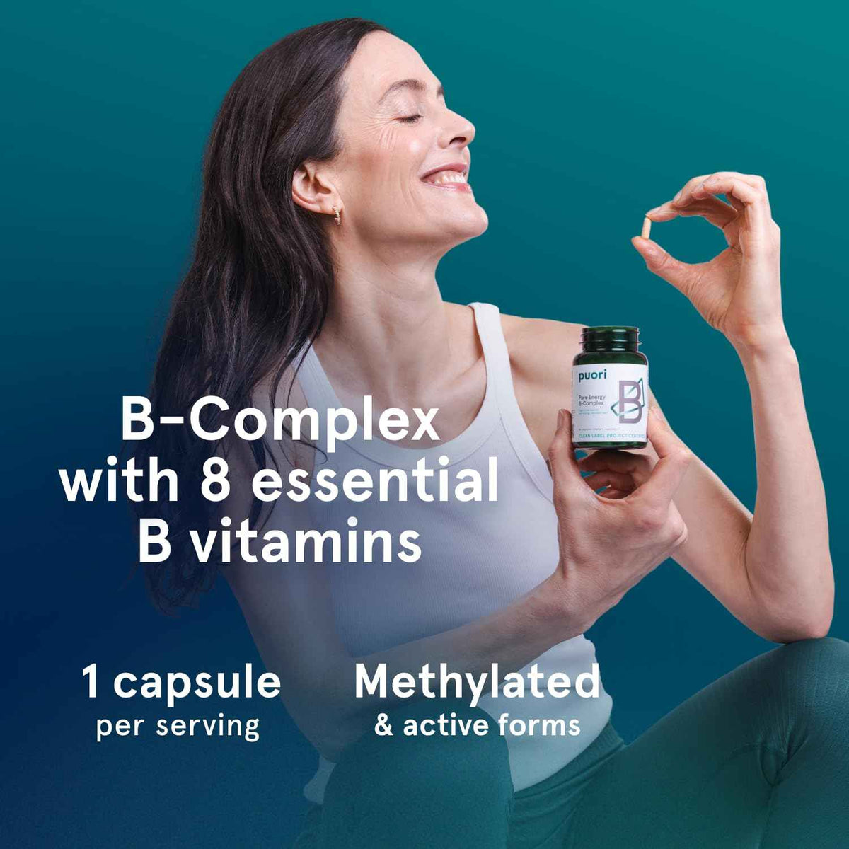 Puori Pure Energy Vitamin B-Complex with 8 Essential Vitamins - Active & Methylated B Vitamins (Thiamin, Riboflavin, Niacin, B6, Folate & B12) - Biotin, Inositol, Pantothenic Acid & Choline