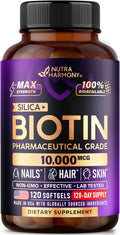 Biotin 10000 mcg with Silicon - Pharmaceutical Grade Biotin Supplement for Women - Hair Growth Support, Skin & Nails - Max Strength & 100% Bioavailability - Lab Tested - 120 Softgels, 120 Days Supply