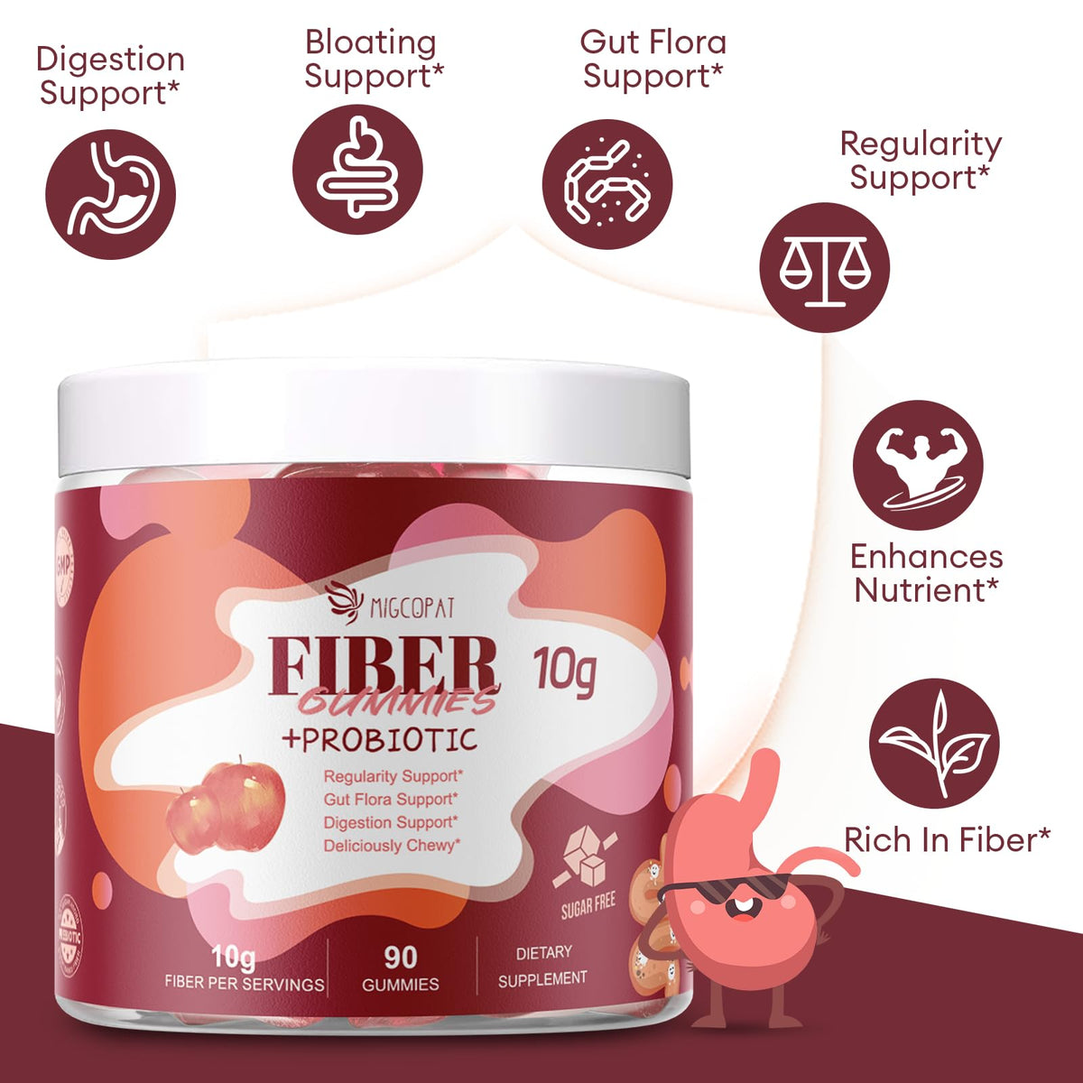Migcopat Fiber Gummies with Probiotics,10G Fiber per Serving No Sugar Added Apple Flavor, with 10 Billion CFU Probiotics Blend, Apple Cider Vinegar, Vitamin C, Inulin, Bloating Support 90 Count