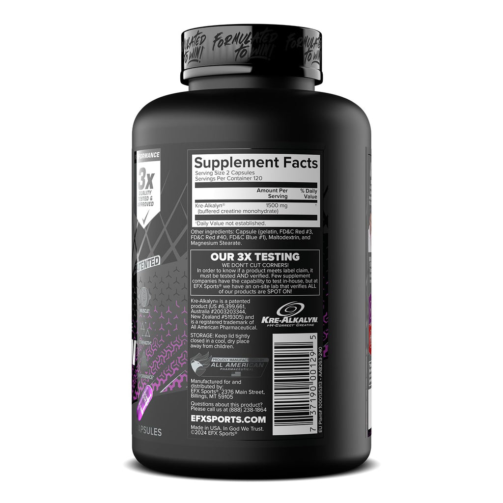 EFX Sports Kre-Alkalyn EFX | pH Correct Creatine Monohydrate Pill Supplement | Strength, Muscle Growth & Performance | 120 Servings, 240 Capsules